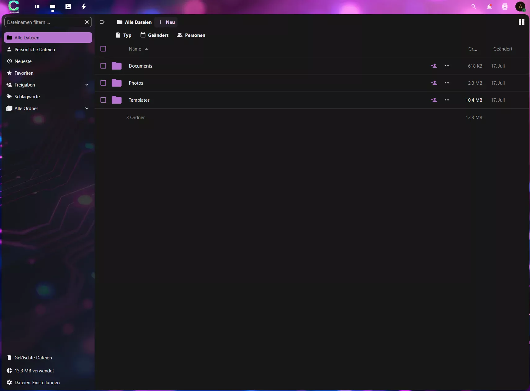 Cyberse Cloud Interface - Moderne Dateiübersicht